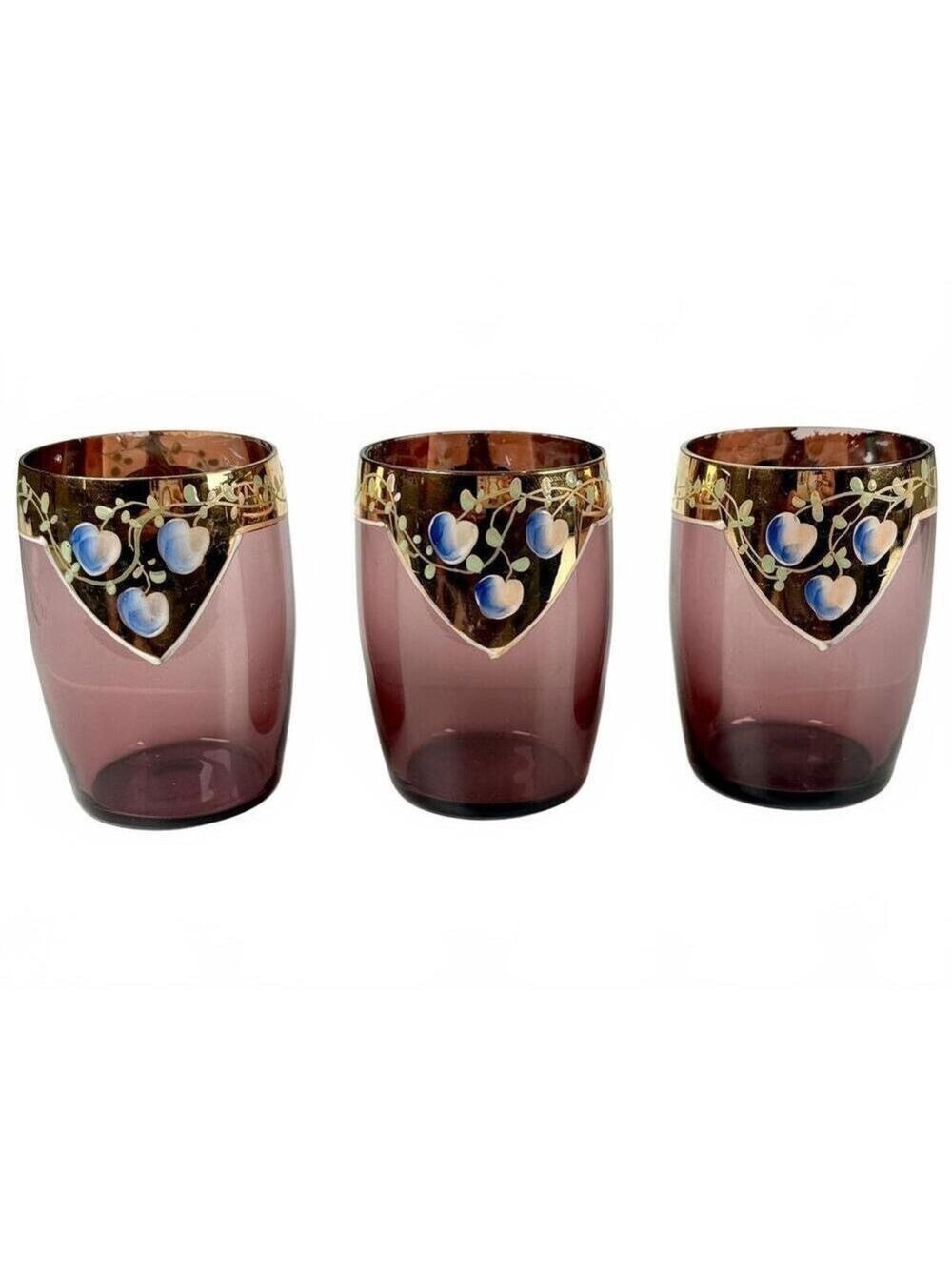 Set of 3 Antique Bohemian Amethyst Glass Tumblers Gilt Enamel Fruit Art Nouveau
